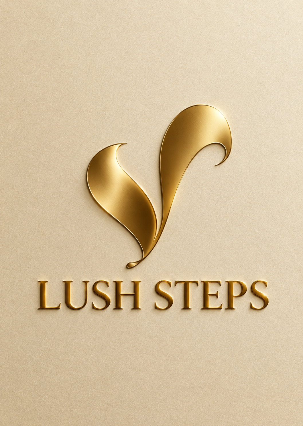 Lush Steps gold sculpted emblem and wordmark on a textured ivory background